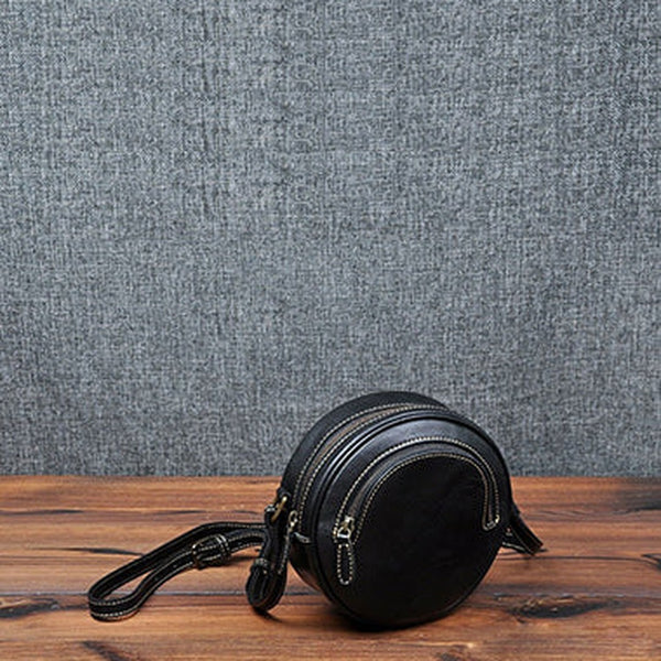 Cute Womens Small Black Leather Round Crossbody Purse Vintage Round Black Shoulder Bag for Women
