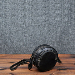 Cute Womens Small Black Leather Round Crossbody Purse Vintage Round Black Shoulder Bag for Women