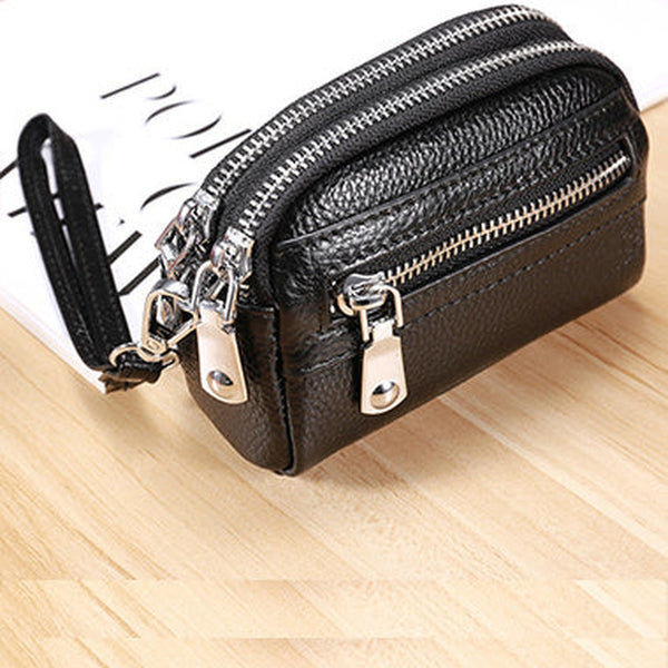 Small Womens Leather Black Double Zip Wallet Mini Wallet with Coin Pocket Zip Wallet for Ladies
