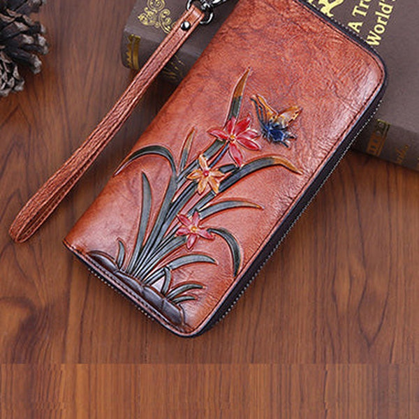 Womens Butterfly&Orchid Flower Brown Leather Wristlet Wallets Zip Around Wallet Flower Ladies Zipper Clutch Wallet for Women