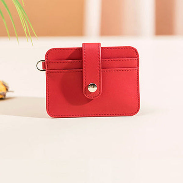 Cute Women Red Leather Card Holder Slim Card Wallet Slim Card Holder with Keychain Ring Credit Card Holder For Women