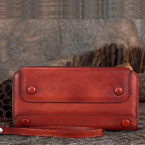 Vintage Red Leather Wristlet Wallets Womens Zip Around Wallet Ladies Bifold Clutch Wallet for Women
