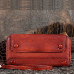 Vintage Red Leather Wristlet Wallets Womens Zip Around Wallet Ladies Bifold Clutch Wallet for Women
