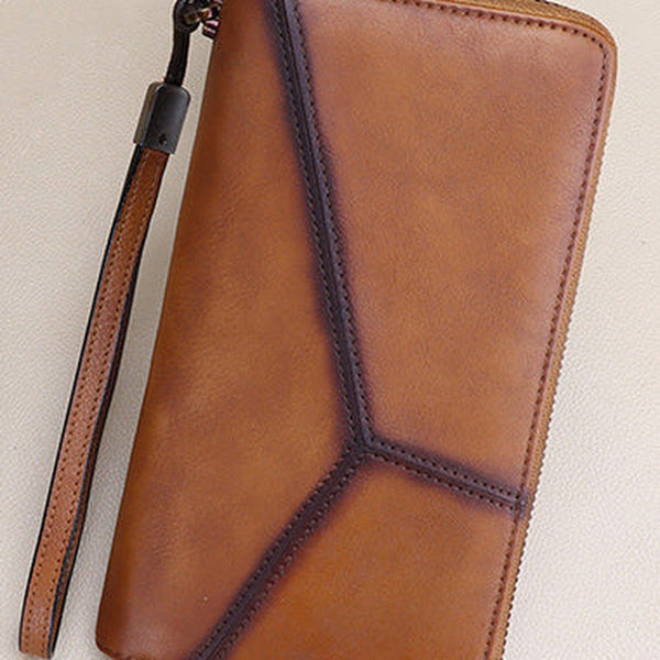 Vintage Multicolor Geometric Brown Leather Wristlet Wallet Womens Flower Zip Around Wallets Flowers Ladies Zipper Clutch Wallet for Women