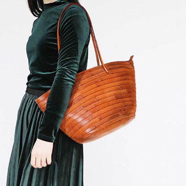 Womens Brown Leather Bucket Tote Purse Vintage Tote Shopper Shoulder Bag for Ladies