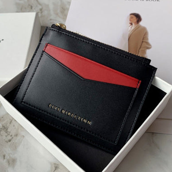 Cute Women Black Vegan Leather Card Holders Slim KeyChain Card Wallet Zip Change Wallet For Women