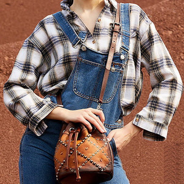 Womens Brown Leather Barrel Handbag Purse Vintage Rivet Round Shoulder Bag Bucket Crossbody Handbag for Women