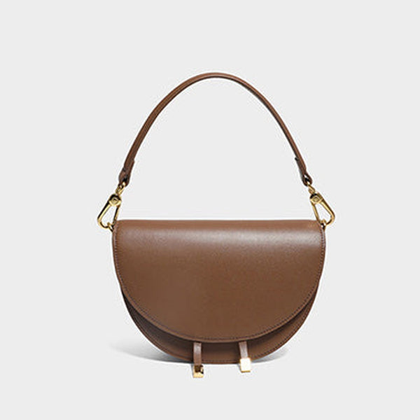 Cute Womens Coffee Leather Saddle Round Handbag Shoulder Bag Round Crossbody Purse for Women
