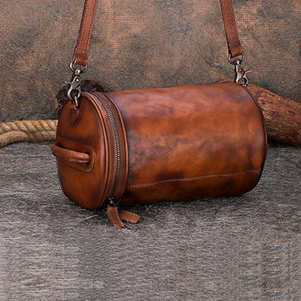 Womens Brown Leather Barrel Shoulder Bag Purse Vintage Round Handbag Bucket Crossbody Purse for Women