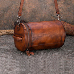 Womens Brown Leather Barrel Shoulder Bag Purse Vintage Round Handbag Bucket Crossbody Purse for Women