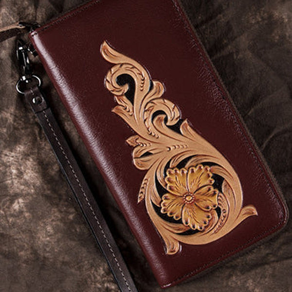 Handmade Floral Coffee Leather Wristlet Wallet Womens Zip Around Wallets Flowers Ladies Zipper Clutch Wallet for Women