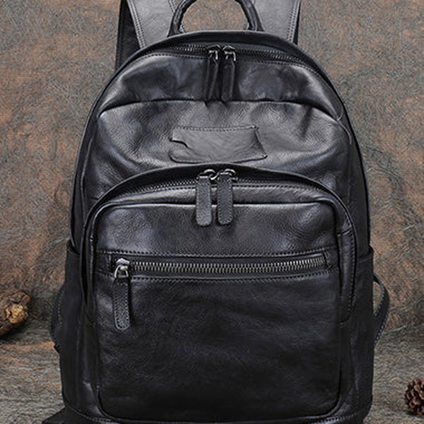 Best Black Gray Leather Rucksack Womens Vintage 16 inches Laptop Backpack Leather School Backpack Purse