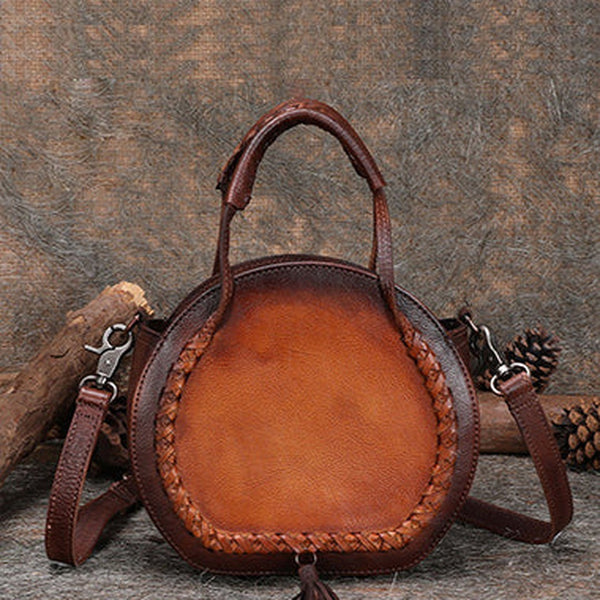 Womens Brown Leather Round Handbag Purses with Tassels Vintage Handmade Round Shoulder Bag Crossbody Handbag for Women