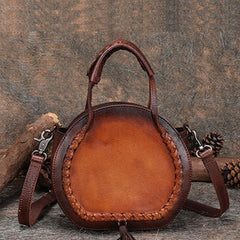 Womens Brown Leather Round Handbag Purses with Tassels Vintage Handmade Round Shoulder Bag Crossbody Handbag for Women