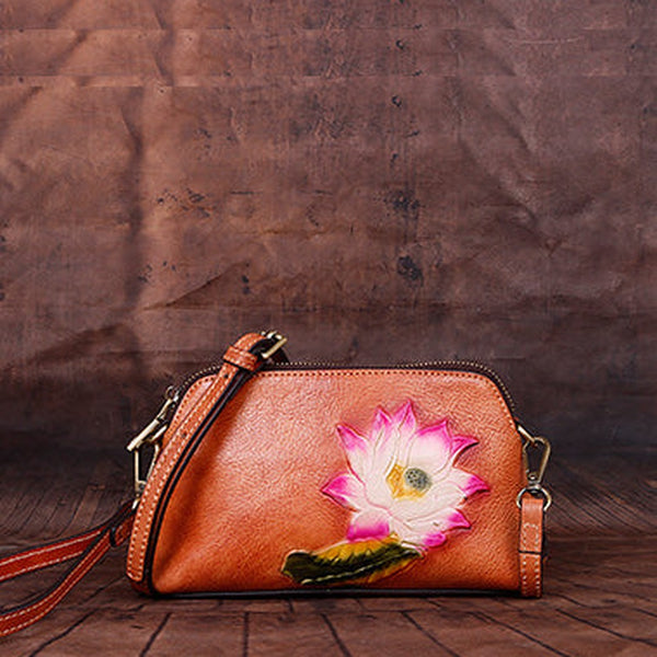 Womens Lotus Flower Brown Leather Wristlet Wallets Shoulder Bag Small Crossbody Bag for Women