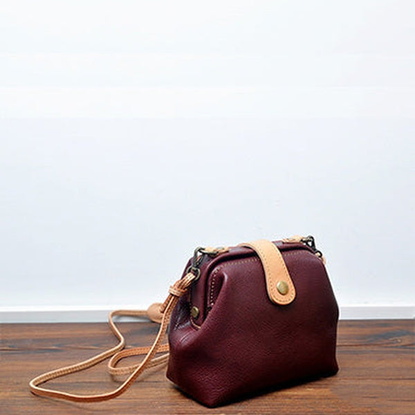 Vintage Womens Dark Red Leather Small Doctor Shoulder Bag Dark Red Doctor Crossbody Purse for Women