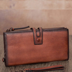 Vintage Coffee Leather Wristlet Wallet Womens Wallet Bifold Long Clutch Wallet for Women