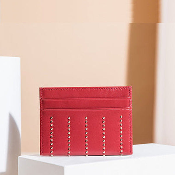 Cute Women Red Sheepskin Card Holder Slim Card Wallet Card Holder with Rivets Credit Card Holder For Women