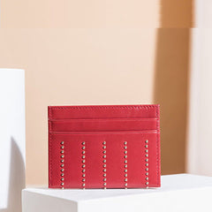 Cute Women Red Sheepskin Card Holder Slim Card Wallet Card Holder with Rivets Credit Card Holder For Women