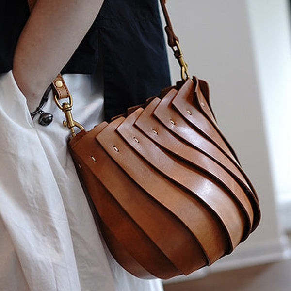 Vintage Brown Leather Splicing Bucket Handbag Women Handmade Small Shoulder Bag for Women