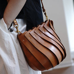 Vintage Brown Leather Splicing Bucket Handbag Women Handmade Small Shoulder Bag for Women