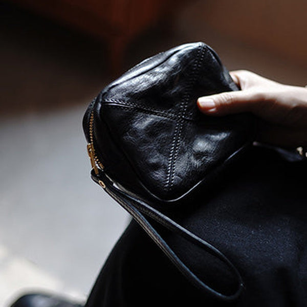 Vintage Black Leather Wristlet Wallet Zipper Clutch Wallet Womens Tan Ladies Zip Around Wallets for Women
