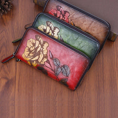 Womens Rose Flower Leather Wristlet Wallets Zip Around Wallet Flower Ladies Zipper Clutch Wallet for Women