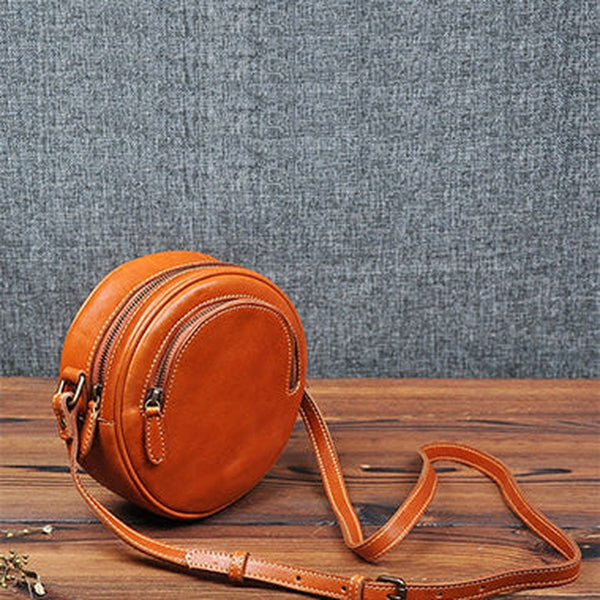Cute Womens Small Tan Leather Round Crossbody Purse Vintage Round Tan Shoulder Bag for Women