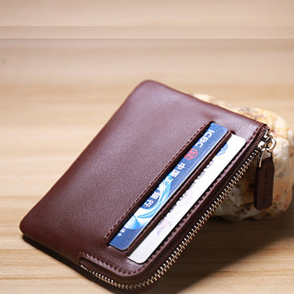 Slim Women Coffee Leather Card Wallet Minimalist Zip Billfold Card Holder Wallet Coin Wallet For Women