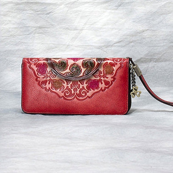 Handmade Floral Red Leather Wristlet Wallet Womens Zip Around Wallets Floral Cards Ladies Zipper Clutch Wallet for Women