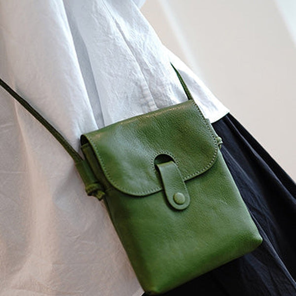 Classic Green Leather Small Phone Shoulder Bag Women Vertical Crossbody Bag for Women