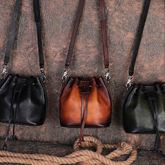 Vintage Leather Womens Bucket Shoulder Bags Bucket Crossbody Purse for Women