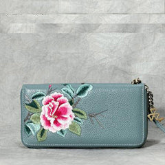 Handmade Embroidery Blue Leather Peony Wristlet Wallet Womens Zip Around Wallets Flowers Peony Ladies Zipper Clutch Wallet for Women