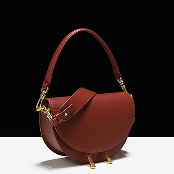 Cute Womens Red Leather Saddle Round Handbag Shoulder Bag Round Crossbody Purse for Women