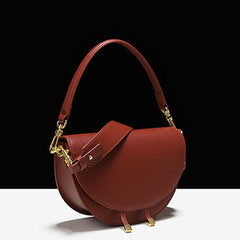 Cute Womens Red Leather Saddle Round Handbag Shoulder Bag Round Crossbody Purse for Women