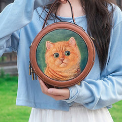 Handmade Womens Brown Leather Round Handbag Purse Cat Round Crossbody Bag for Women