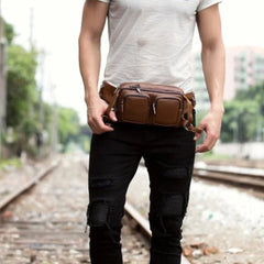 Brown Mens Leather Fanny Pack Cool Waist Bag Hip Pack Black Belt Bag Bumbag for Men