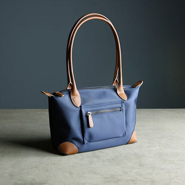 Womens Dark Blue&Brown Nylon Shoulder Tote Small Dark Blue Nylon&Brown Handbag Purse for Ladies