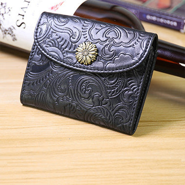 Mini Womens Black Leather Billfold Wallet SunFlower Small Wallet with Coin Pocket Envelope Wallet for Ladies