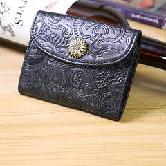 Mini Womens Black Leather Billfold Wallet SunFlower Small Wallet with Coin Pocket Envelope Wallet for Ladies