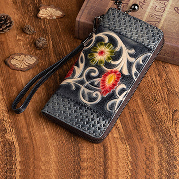 Vintage Floral Black Leather Wristlet Wallet Womens Zip Around Wallets Floral Ladies Zipper Clutch Wallets for Women