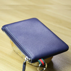 Women Navy Leather Mini Zip Wallet with Keychain Billfold Slim Coin Wallet Small Zip Change Wallet For Women