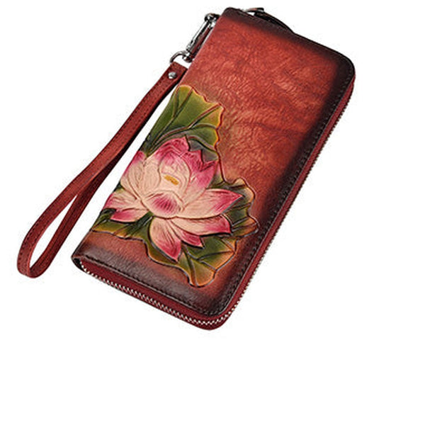 Womens Lotus Flower Red Leather Zip Around Wallet Wristlet Wallet Flower Ladies Zipper Clutch Wallet for Women