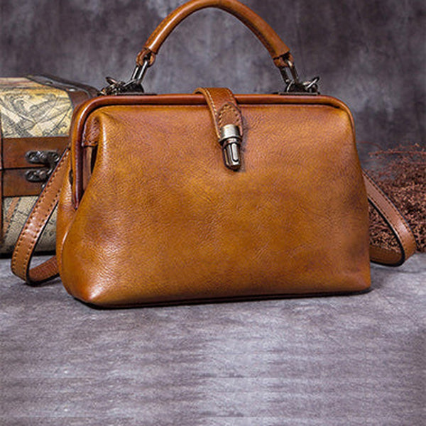 Handmade Tan Leather Handbag Vintage Doctor Bag Shoulder Bag Purse For Women