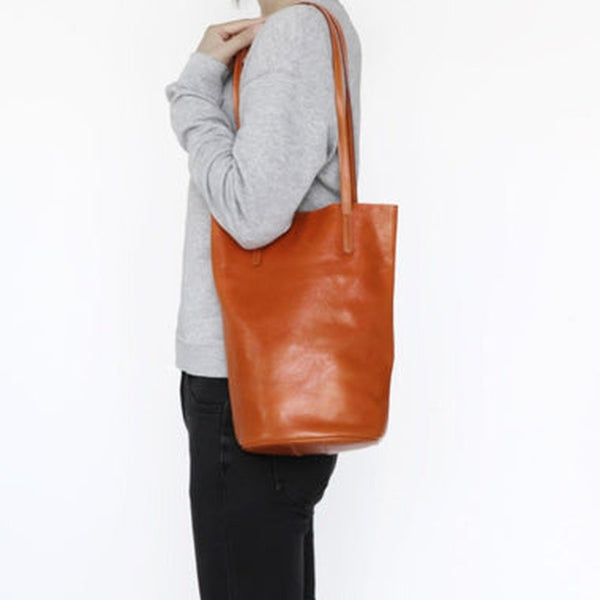 Womens Brown Leather Bucket Tote Purse Vertical Tote Shopper Shoulder Bag for Ladies