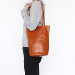 Womens Brown Leather Bucket Tote Purse Vertical Tote Shopper Shoulder Bag for Ladies