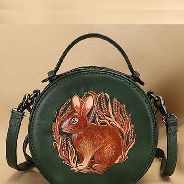 Cutest Womens Green Leather Round Handbag Bunny Crossbody Purse Vintage Round Shoulder Bags for Women