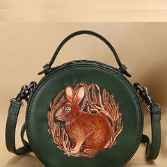 Cutest Womens Green Leather Round Handbag Bunny Crossbody Purse Vintage Round Shoulder Bags for Women