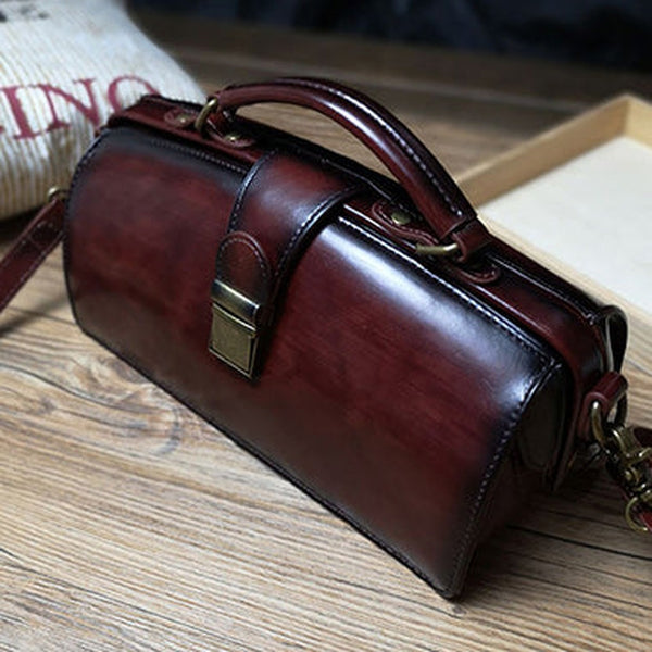 Vintage Womens Coffee Leather Doctor Handbag Purses Vintage Handmade Doctor Crossbody Purse for Women