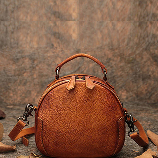 Womens Brown Leather Round Handbag Purses Vintage Handmade Round Shoulder Bag Crossbody Handbag for Women